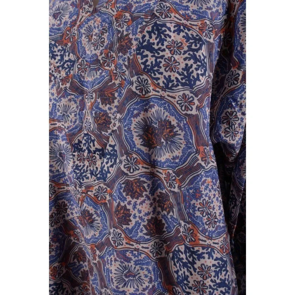 Chufy Womans Floral Ma Dress L Blue Lln Print Burma Puff sleeve Cotton Silk NWT